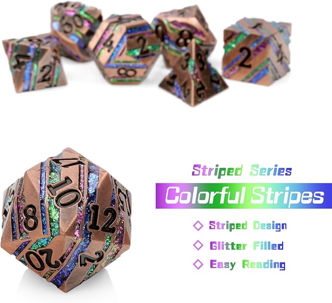 Stripe Metal Dice,DNDND Metallic Glitter Stripes DND Dice with Gift Metal Box for Dungeons and Dragons Tabletop Game (Colorful Stripes)
