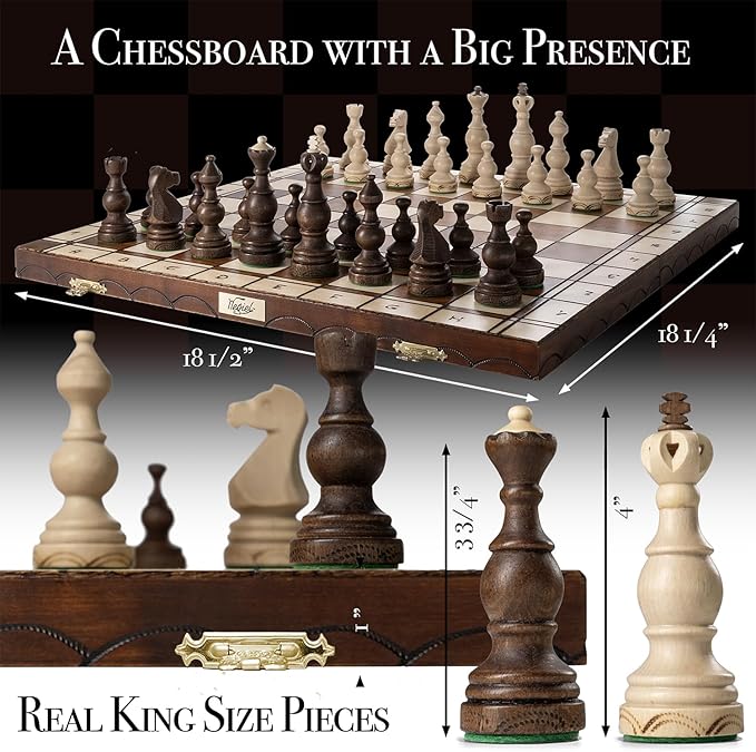 Wegiel Legate Luxury Wooden Chess Set for Adults and Kids - 18 Inch Handcrafted from Premium Beech and Birch Wood - Unique Folding Design with Chess Piece Storage