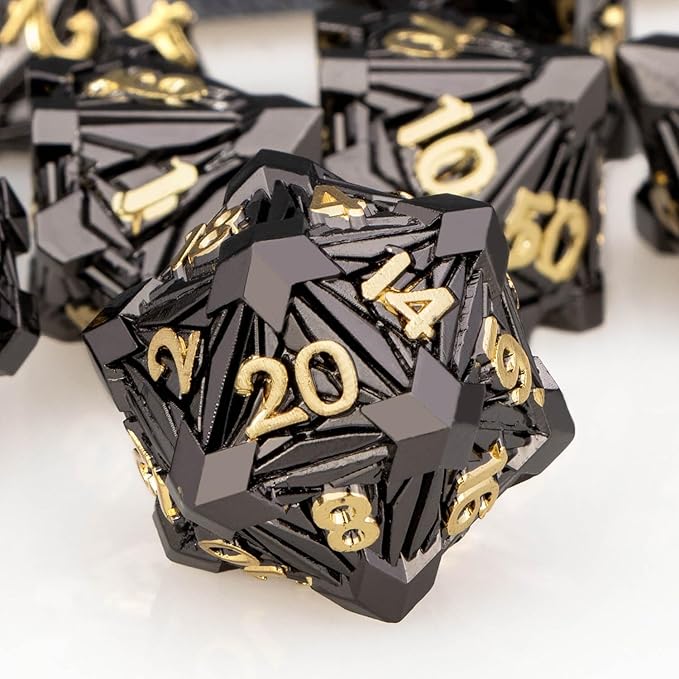 7PCS Metal DND Dice Set with Box, Debris RPG Black Gold D and D Dice for use with D&D Tabletop Games Role Playing Game Polyhedral Dice Set D20 D12 D10 D8 D6 D4