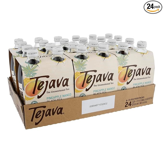 Tejava Pineapple Mango Black Iced Tea, 24 Pack, 12oz Glass Bottles, Unsweetened, Non-GMO, Kosher, No Sugar or Sweeteners, No calories, No Preservatives, Brewed in Small Batches