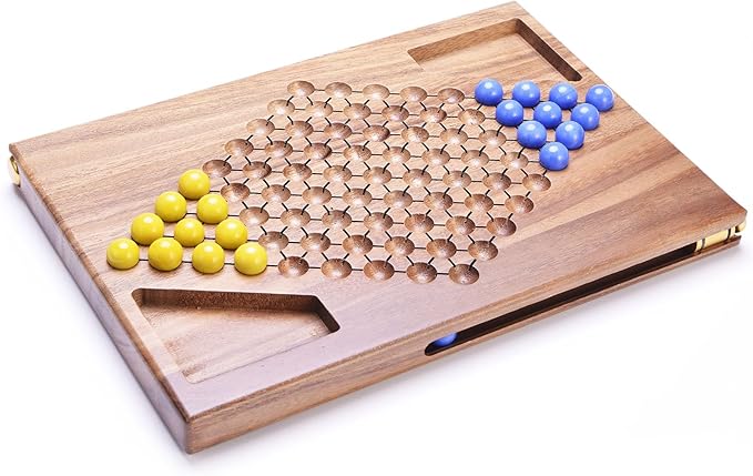 VAMSLOVE 12.5" Wooden Chinese Checkers Two Player Board Game - Chinese Checkerboard for 2 - w/Glass Marbles (16-Millimeter) - Games Instructions Included - Ideal Gift Home (Walnut Wood)