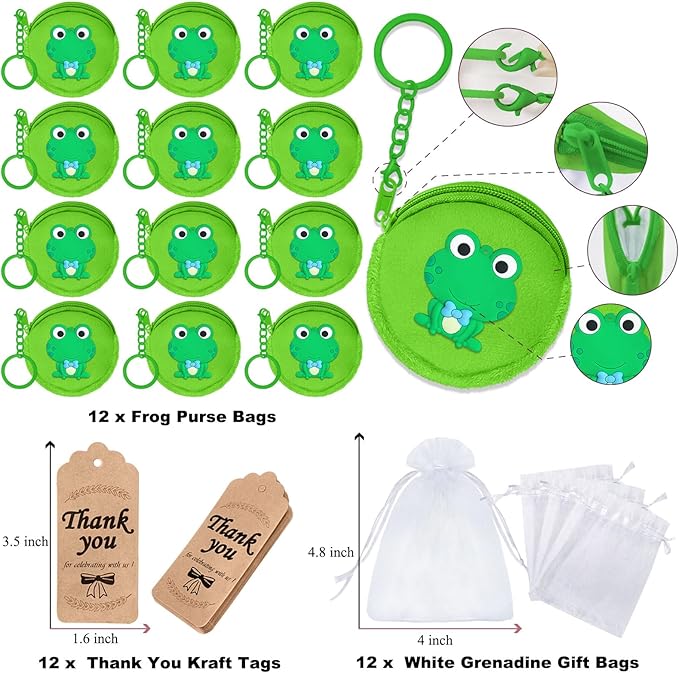 36 Pack Frog Change Purses Set Include 12 Wallets with Keyring,12 Thank You Tags and 12 Organza Bags for Green Frog Lover,Baby Shower,First Birthday Reptile Camping Decor,Green