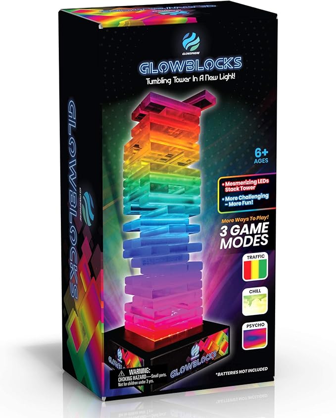 Glowblocks Light-Up Tumbling Tower Game, First Ever LED Building Blocks Stacking Game, Indoor Board Game for Kids and Adults for Family Game Night