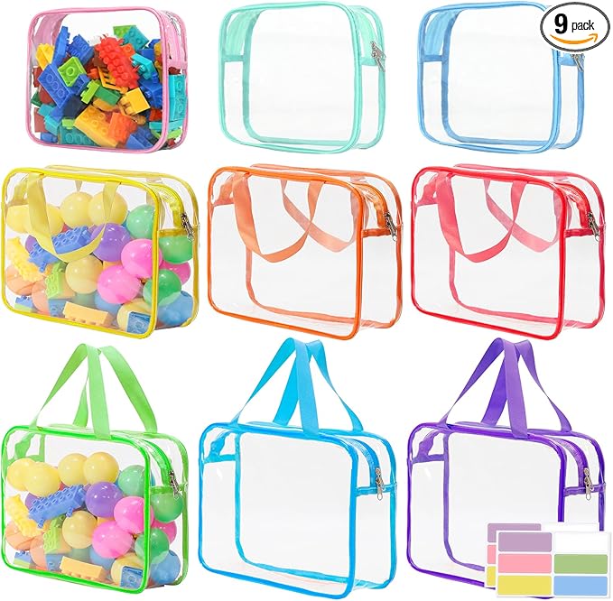 9 Pcs Toy Storage Bags, Clear PVC Toy Organizer Bag Include 6Pcs Large Handheld and 3Pcs Medium Zipper Bags with Labels for Organizing Board Game, Building Blocks (Colorful)