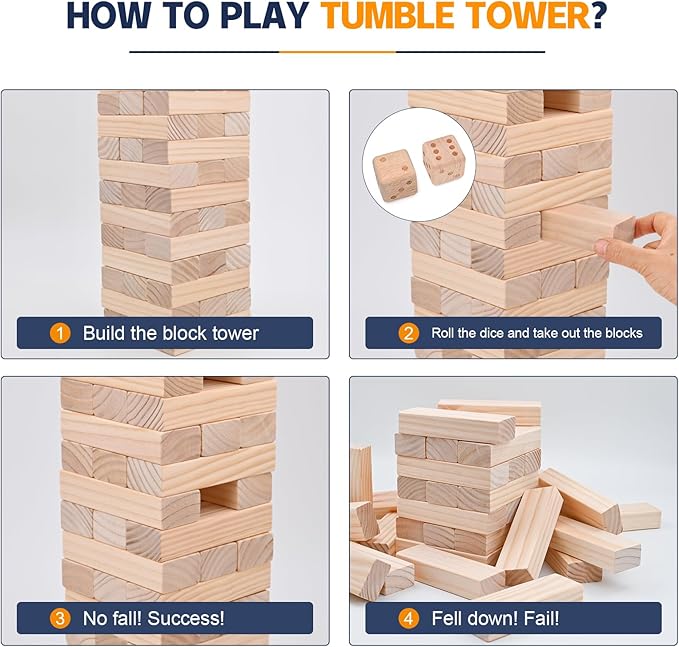 Giant Tumble Tower Games for Kids and Adults 57 Blocks New Zealand Pine Wooden Blocks Stacking to Over 4.2FT Family Games for Indoors Outdoors Yard Games for Family