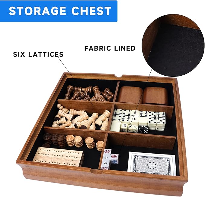 GSE Games & Sports Expert Wooden 7-in-1 Board Game Set - Chess, Checkers, Backgammon, Dominoes, Cribbage Board, Playing Card & Poker Dice Game Combo Set (Old Fashioned)