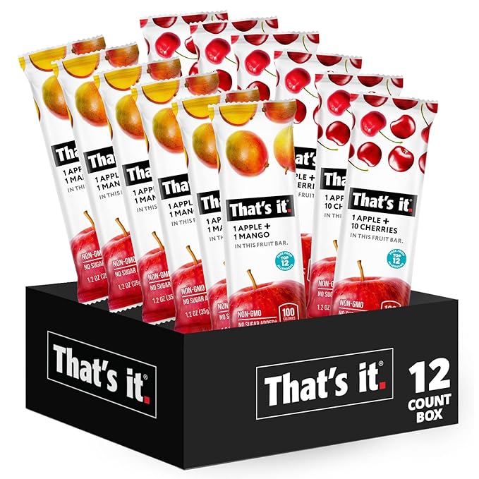 That's it. Fruit Bars 12 Variety Pack 100% Natural Real Fruit Bar, High Fiber Vegan, Gluten Free, Paleo, Non-GMO No Sugar Added (6 Mango, 6 Cherry)