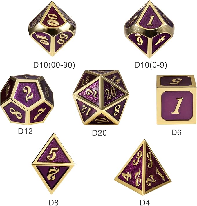 D&D Table Game Dice Set, 7PCS Metal Die with Metal Gift Box for Dungeons and Dragons (Dark Purple and Gold Number)
