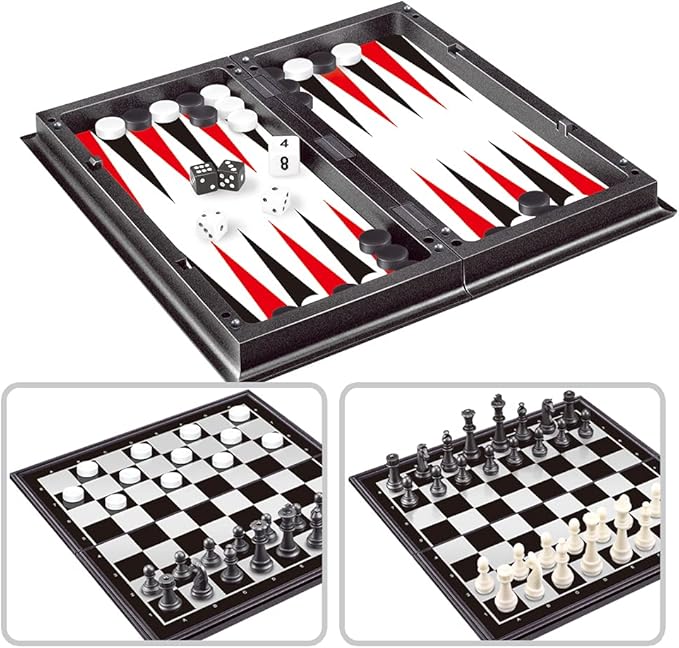 WEofferwhatYOUwant 3-in-1 Magnetic Travel Chess Set – Portable Chess, Checkers & Backgammon Board Game – 10” Folding Board