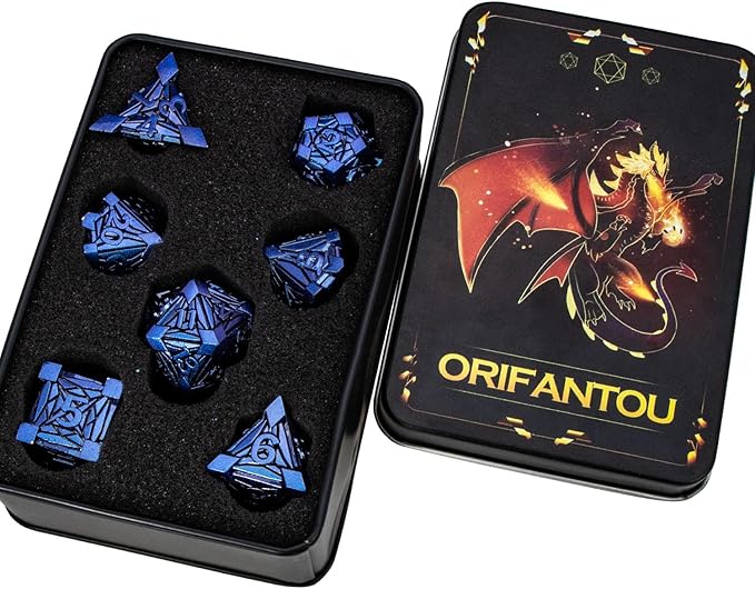 7PCS Metal DND Dice Set with Box, Debris RPG Blue Purple D and D Dice for use with D&D Tabletop Games Role Playing Game Polyhedral Dice Set D20 D12 D10 D8 D6 D4