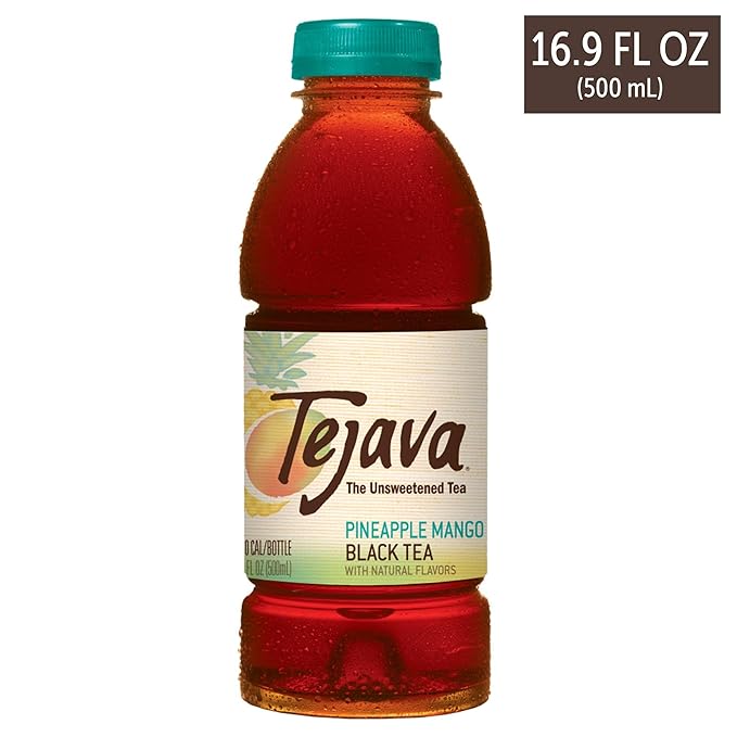 Tejava Pineapple Mango Black Tea, 6 Pack 16.9 oz PET, Unsweetened, Ready-to-Drink Premium Iced Tea