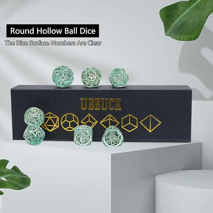 DND Dice,Hollow D&D Metal Dice,Unique Round Ball Design Octopus Dice with Gift Box for Dungeons & Dragon Gaming,7 PCs Steampunk Polyhedral D and D Dic(Octopus Green)