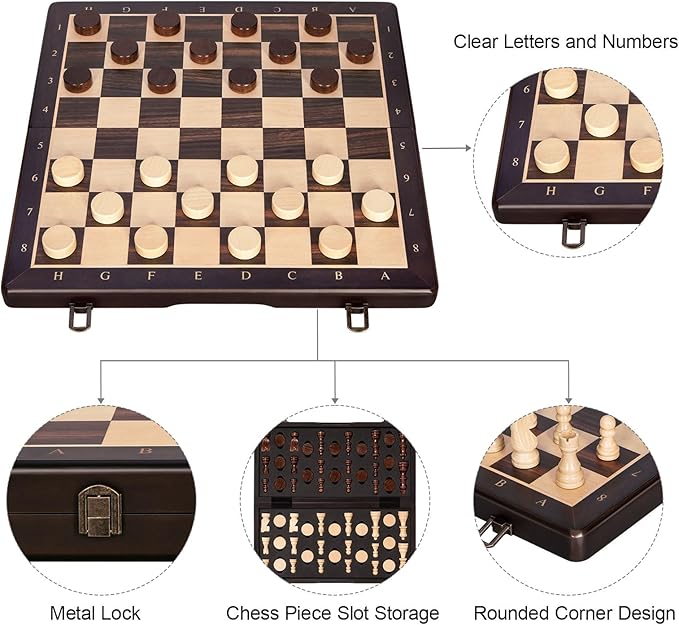 2 in 1 Wooden Magnetic Chess Set & Checkers Board Game-15'' Foldable Chess Board for Adults & Kids-Portable Travel Chess Set with Pieces Storage Slots-2 Extra Queens-Beginner Chess Board Game