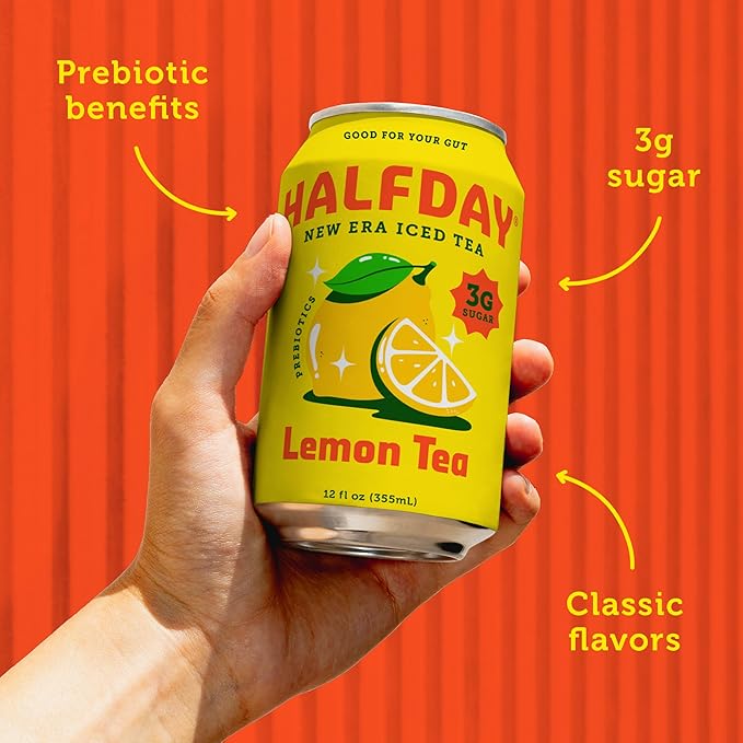 HALFDAY Prebiotic Iced Tea Lemon, Peach, Sweet Tea Variety Pack, Gut Health, Plant Fiber & Prebiotics, 3-5g of Sugar, 35 Calories, Natural Caffeine, Gluten Free, Keto 12 fl oz (12 pack)