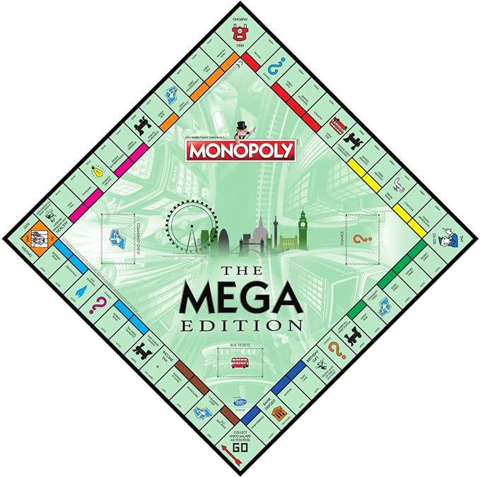 Winning Moves Mega Monopoly Board Game, 12 Extra Spaces Including Downing Street, Saville Row and Knightsbridge, Invest in Skyscrapers, for Ages 8 Plus