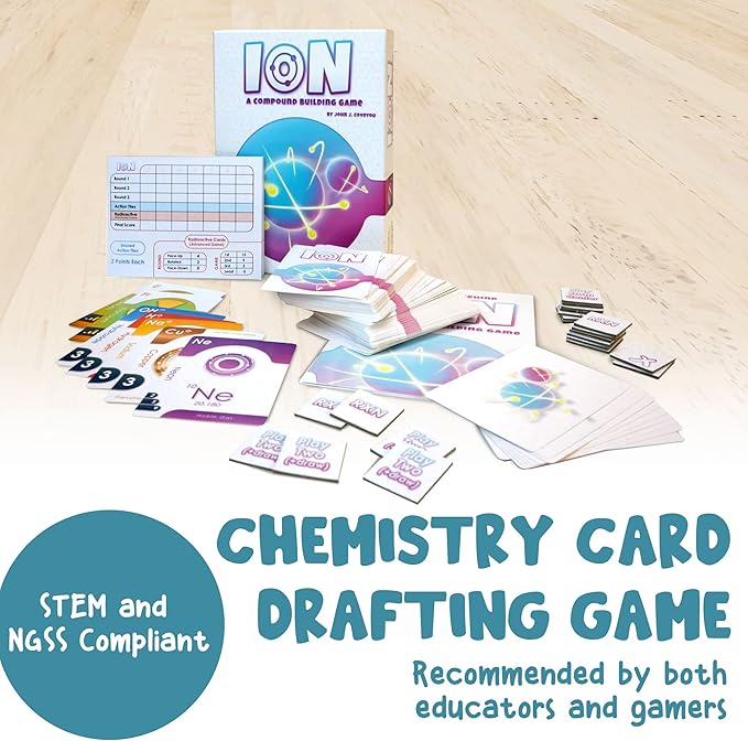 Genius Games Ion: A Compound Building Game (2nd Edition) - A Chemistry Card Drafting Game About Cations, Anion, Noble Gases - Science Accurate Board Game for High School Students, Teachers and Adults