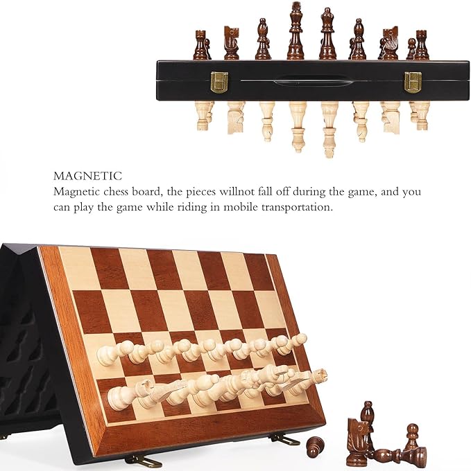 Magnetic Wooden Chess Set 15" Unique Chess Board Game with Chess Pieces Storage Slots, Tournament Portable Folding Travel Chess Sets for Kids Adults Beginner and Pros, 2 Extra Queens