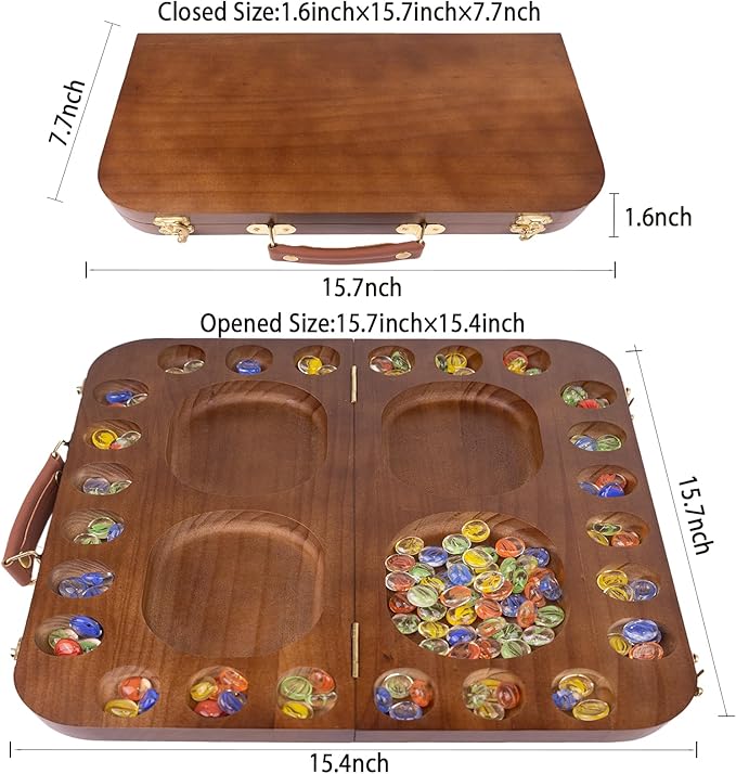 4 Player Wooden Mancala Board Game,4 Player Mancala Board Game Set, Great Glass Beads,Classic & Portable Marble Game for Family Game Night and Travel Game