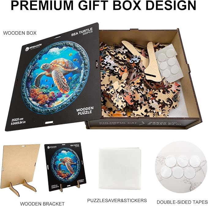 Wooden Puzzle for Adults – Unique Sea Turtle-Shaped Jigsaw, Ocean Animal Design Brain Teaser for Kid & Teen 220 Pieces, 10"x10", Ships as Whole Puzzle Board, Gift-Ready Box, Fun Family Game,