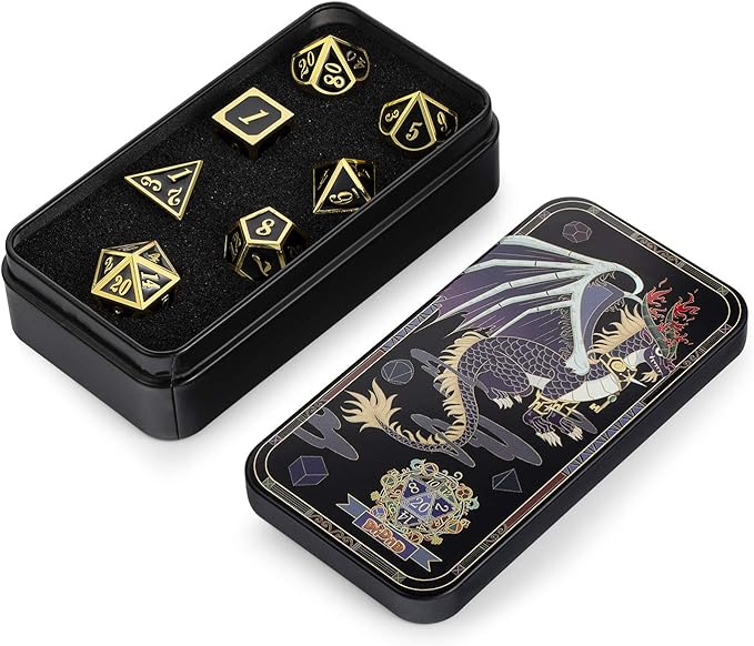 DNDND Metal Dice Set D&D, 7 die Metallic Polyhedral Dice Set with Gift Metal Box and Gold Number for DND Dungeons and Dragons Role Playing Games (Black and Gold)
