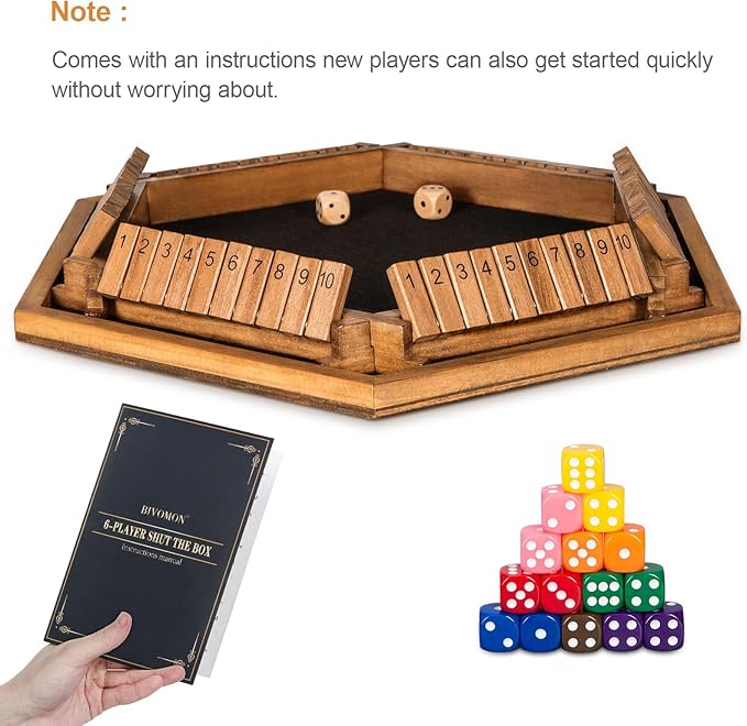 1-6 Players Shut The Box Dice Game, Wooden Board Table Math Game for Kids Adult with 24 Dice, Close The Box Game for Family, Party, Christmas, Birthday
