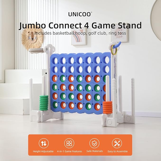 UNICOO® Jumbo 4 in a Row Game | Adjustable Height (2.5-3.5 FT) 4-to-Score Giant Yard Game Set for Kids & Adults w/Build-in Mini Games, Golf Clubs | Indoor/ Outdoor Games for Party & Family Fun