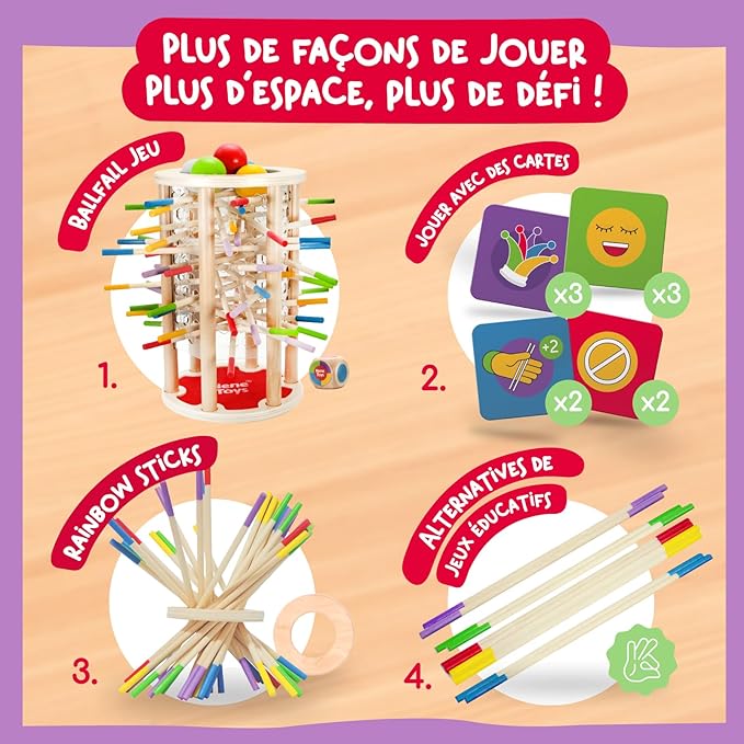 Nene Toys BALLFALL Jumbo – Montessori Wooden Board Game for Kids 3 4 5 6 Years – Colorful Sticks, Dice & Cards – Fine Motor Skills Toy, Math & Counting Game – Educational Gift for Boys Girls Ages 3-9