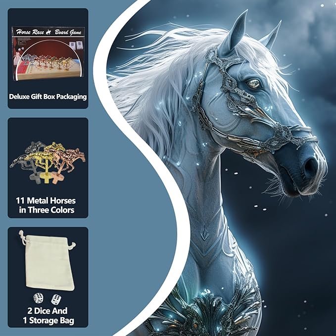 21 inches Horse Race Board Game Racing Game Solid Wood with 11 Luxurious Durable Classic Metal Horses Finish Line Horse Racing Game with 4 Dice and 2 Boxes of Cards (Shallow Walnuts)…