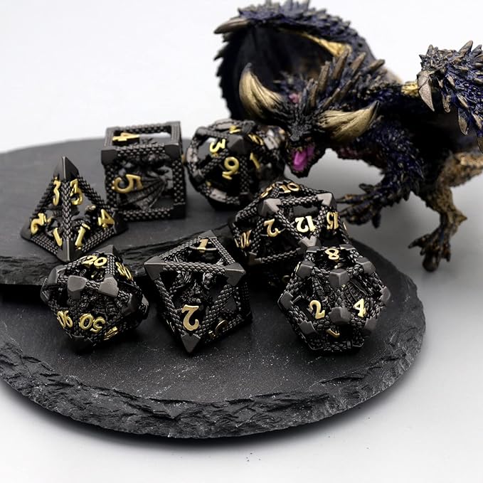 D&D Dice, HNCCESG Metal Dice Set Polyhedral Hollow Role Playing D and D Starter Dice for RPG MTG Table Board Games (3D Black)