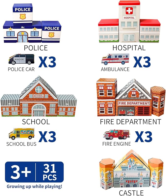 Cardboard Building Blocks, 31 Pack for Kids Jumbo With 5 Building Designs, Thick Pretend Brick Blocks for Building and Stacking Game