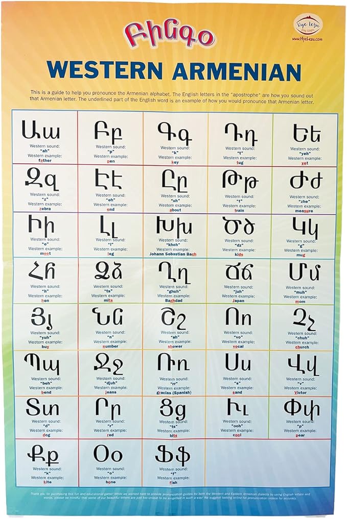 Armenian Alphabet Bingo, Eastern and Western Pronunciations, Play Bingo and Learn Armenian, Ages 3+