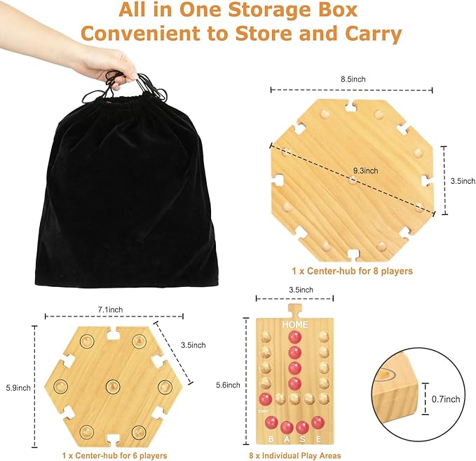 Marble Board Game,Wooden Board Game for 6-8 Players,Portable Design Marble Game with 32 Marbles 16 Dice, Family Game Night Gift for Kids & Adults