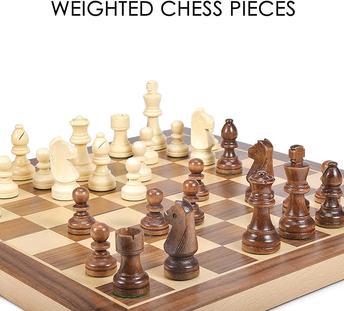 AMEROUS 15 Inches Wooden Chess & Checkers Set with Upgraded Weighted Chess Pieces - 2 Extra Queen -24 Cherkers Pieces -Instruction -Chessmen Storage Slots, Classic 2 in 1 Board Games