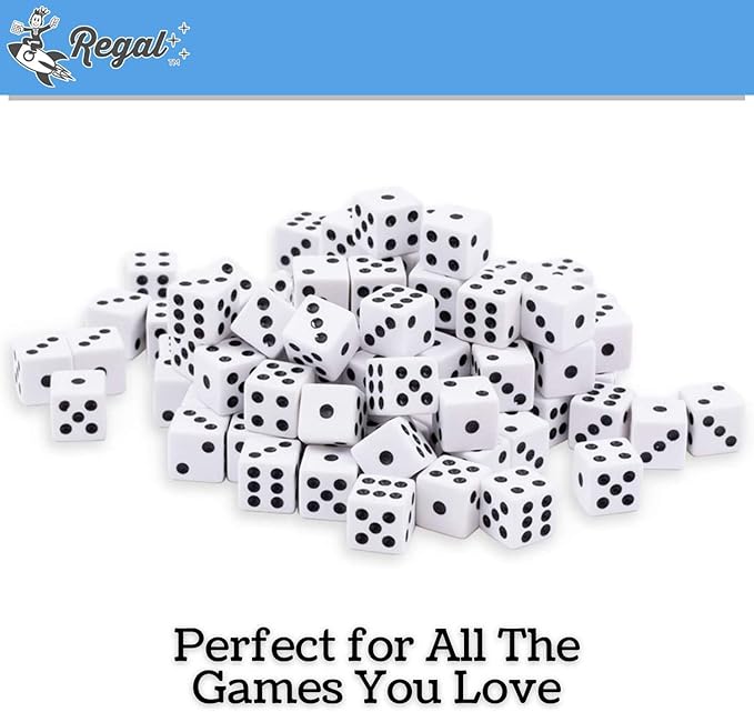 Regal Games Dice Set 6 Sided - Playing White 16mm Set of Dice - Square Dice for Classroom or Family Game Night - 50 Dice