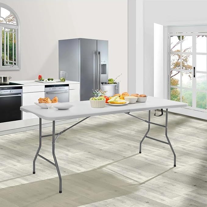 SKOK 330lbs Folding Table 6ft, Plastic Picnic Table Portable with Handle, 6 Foot Folding Table Long with Thicker Tabletop, White Tailgating Utility Commercial Craft Foldable Table for Party & Events