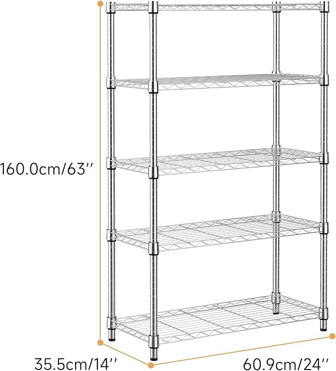 1250 lbs Steel Heavy Duty 5-Tier Utility Shelving Unit Steel Organizer Wire Rack for Home,Kitchen,Office,Chrome (13.7" D x 23.6" W x 62.4" H)