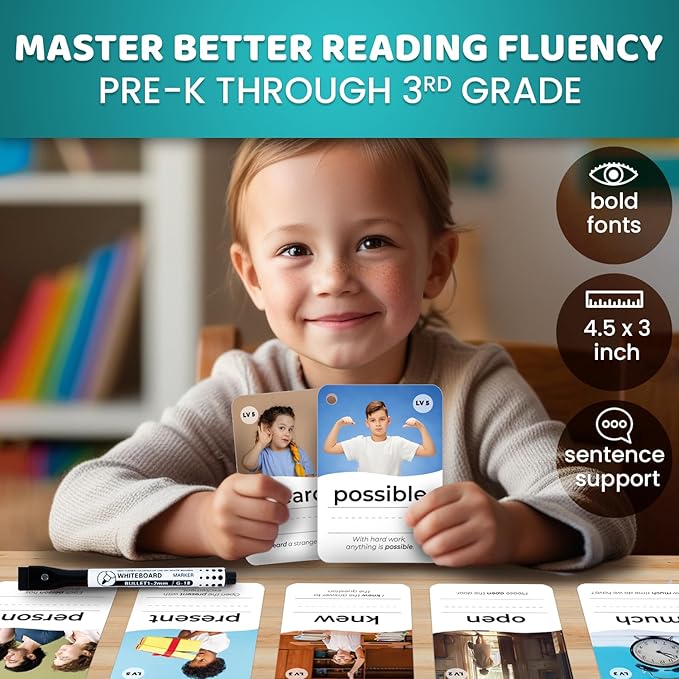 QUOKKA 520 Sight Words Flash Cards for Kids Adults – from Pre-K to 3rd Grade – 5 Levels & Bold Font & Jumbo Size & Dry Erase Cards with Realistic Images & Rings – Based on Dolch & Fry Word Lists