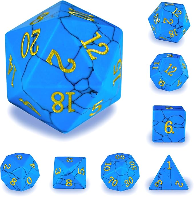 Gemstone DND Stone Dice Sets D&D 7 Pcs Polyhedral Dice Set Handmade，Chalchite Stone Dice Set Natural Gemstone Dice Sets with Metal Case for Dungeons and Dragons RPG MTG Tabletop Games