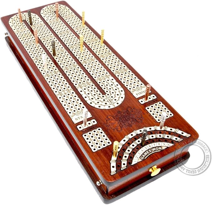 Continuous Cribbage Board Bloodwood/Maple and Side Pull Drawers - 4 Tracks with Place to Mark Won Games - House of Cribbage