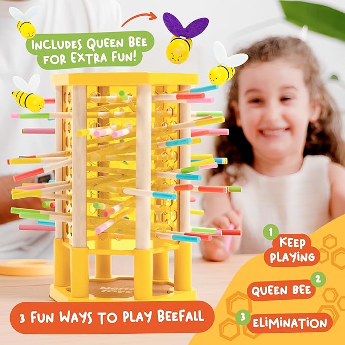 Nene Toys BeeFall, 4-in-1 Wooden Honey Bee Toy for Kids Ages 3-9 - Educational Game with Wooden Honeybee Hive, 12 Bees, Colorful Sticks, Dice & Cards - Fun Family Game for Cognitive Development