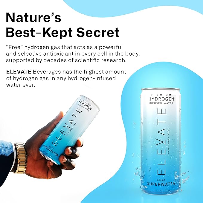 ELEVATE SUPERWATER Premium Hydrogen Water (24 pack). Highest Hydrogen (3-5 PPM) and Lowest -650 ORP. Supports Recovery, Energy, Hydration, Focus, and Endurance. BACKED BY SCIENCE.