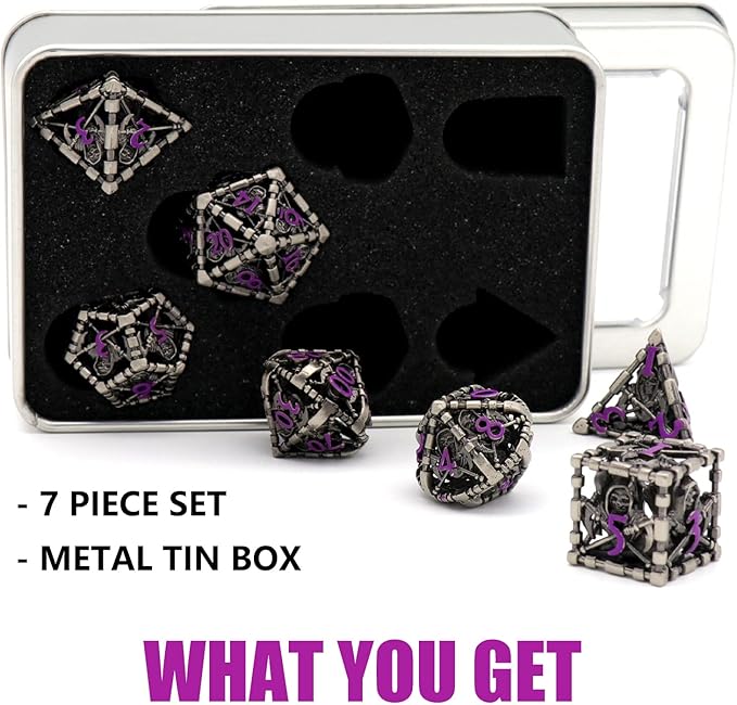 Hollow Grim Reaper Metal Polyhedral Dice Set - Purple Numbered D&D, Pathfinder, Warhammer, Shadowrun Gaming Dice