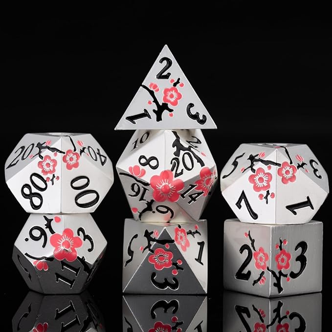 D&D Metal Dice, 7 PCS Flower DND Metal Solid Dice Set with Gift Case for Dungeons and Dragon Tabletop Game (Silver-Pink)