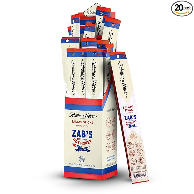 Schaller & Weber Salami Sticks with Zab’s Hot Honey, 0.85 Oz (Pack of 20) | Zab’s Hot Honey Smoked Salami | German Style Smoked Sausage Sticks with Spicy Honey | Gluten Free Protein Snack