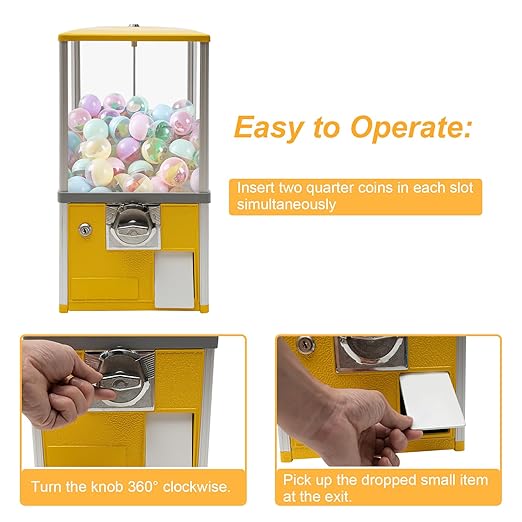 Gumball Vending Machine, Big Bubble Candy Dispenser Machine Candy Gumball Machine Bank, 2 25 Cent Coins Each Side, 1.77in Capsule Toys, Gum Ball Vending Machines for 25 Cent Coin Only (Yellow)