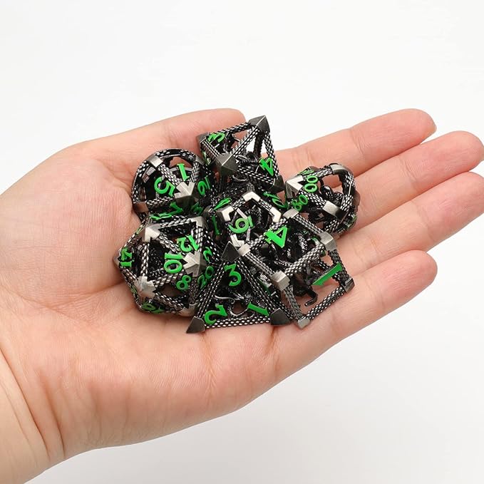 Hollow Cthulhu Metal Polyhedral Dice Set - D&D, Pathfinder, Warhammer, Shadowrun Gaming Dice (Green Number)