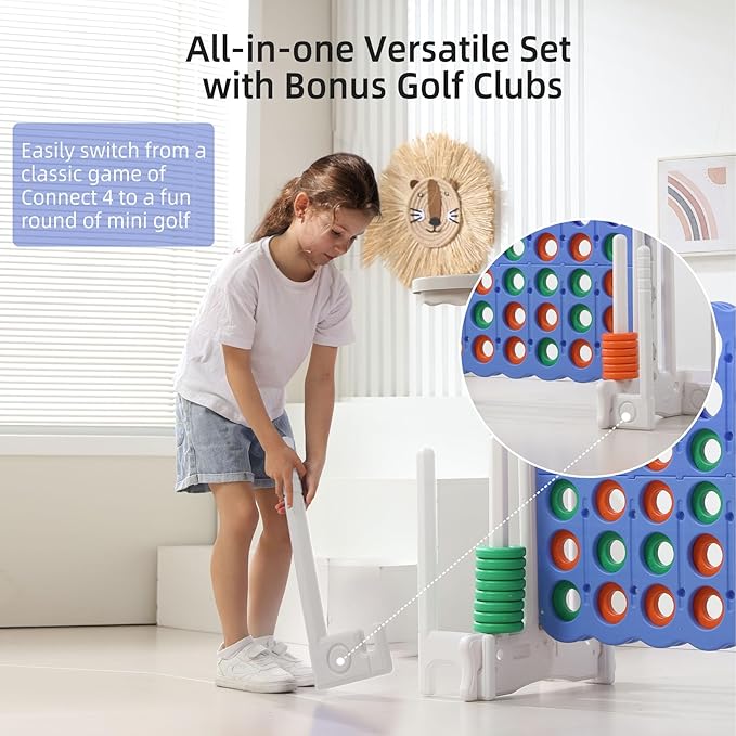 UNICOO® Jumbo 4 in a Row Game | Adjustable Height (2.5-3.5 FT) 4-to-Score Giant Yard Game Set for Kids & Adults w/Build-in Mini Games, Golf Clubs | Indoor/ Outdoor Games for Party & Family Fun