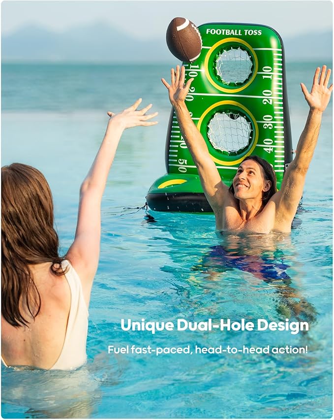 QPAU Inflatable Football Toss Game for Pool – Water Football Target with 4 Balls & 2 Pumps, Dual Net Design, Stable Base, Summer Pool Game for Kids & Adults