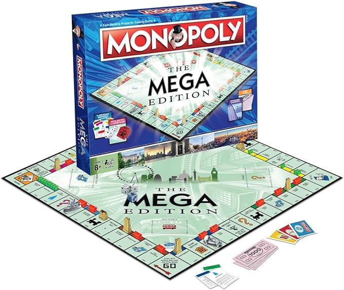 Winning Moves Mega Monopoly Board Game, 12 Extra Spaces Including Downing Street, Saville Row and Knightsbridge, Invest in Skyscrapers, for Ages 8 Plus
