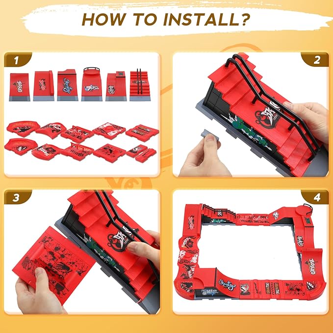 Finger Skateboards Ramp Set, Red 6 in 1 Fingerboard Skatepark Deck with 11 Buffer Plate, Fingerboard Half Pipe Ramp for Kids Adults Fingerboard Train Props Interactive Freestyle Game